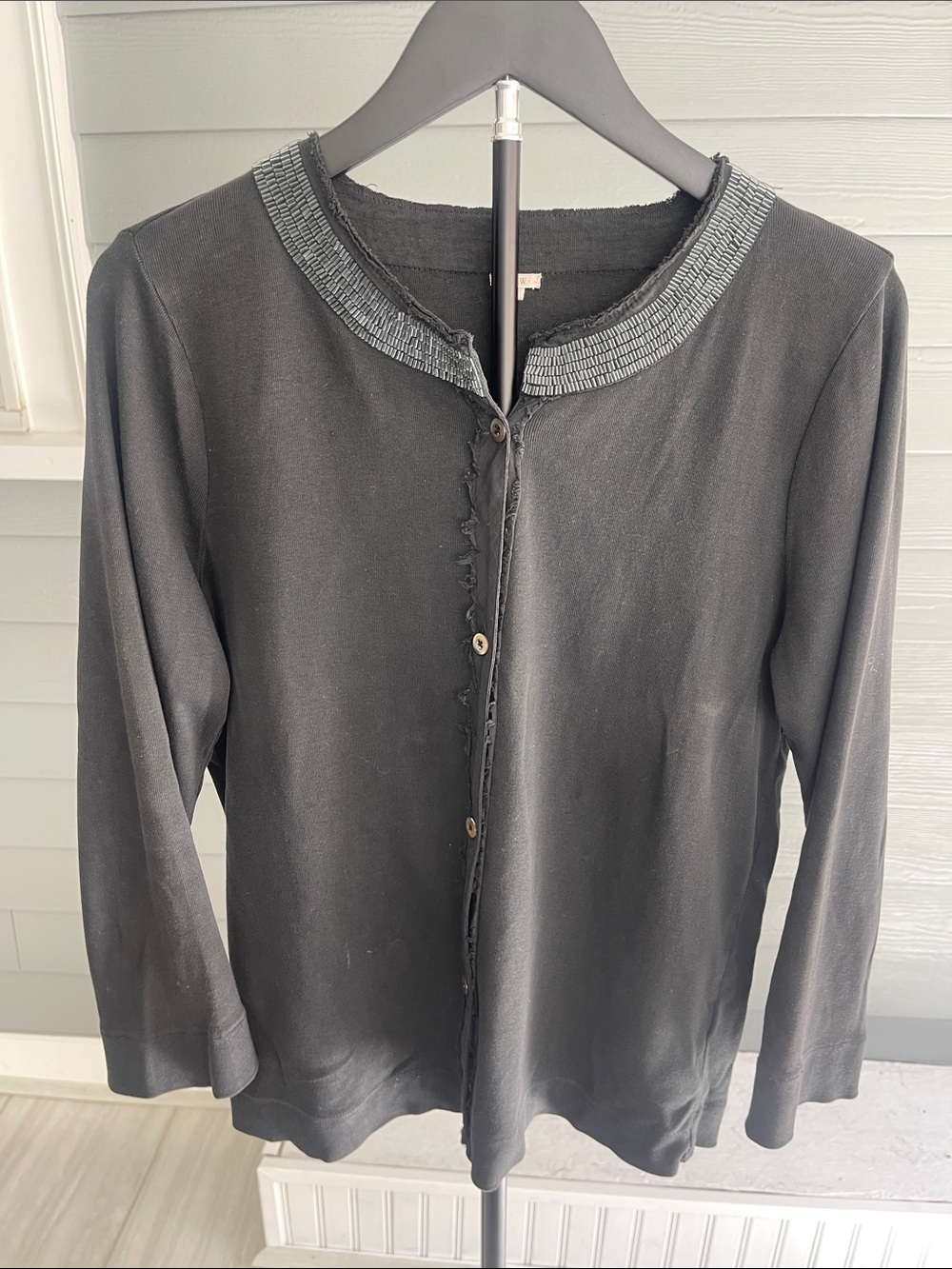 J. Crew Black Long-Sleeve Cardigan with Beaded Collar Size Large
